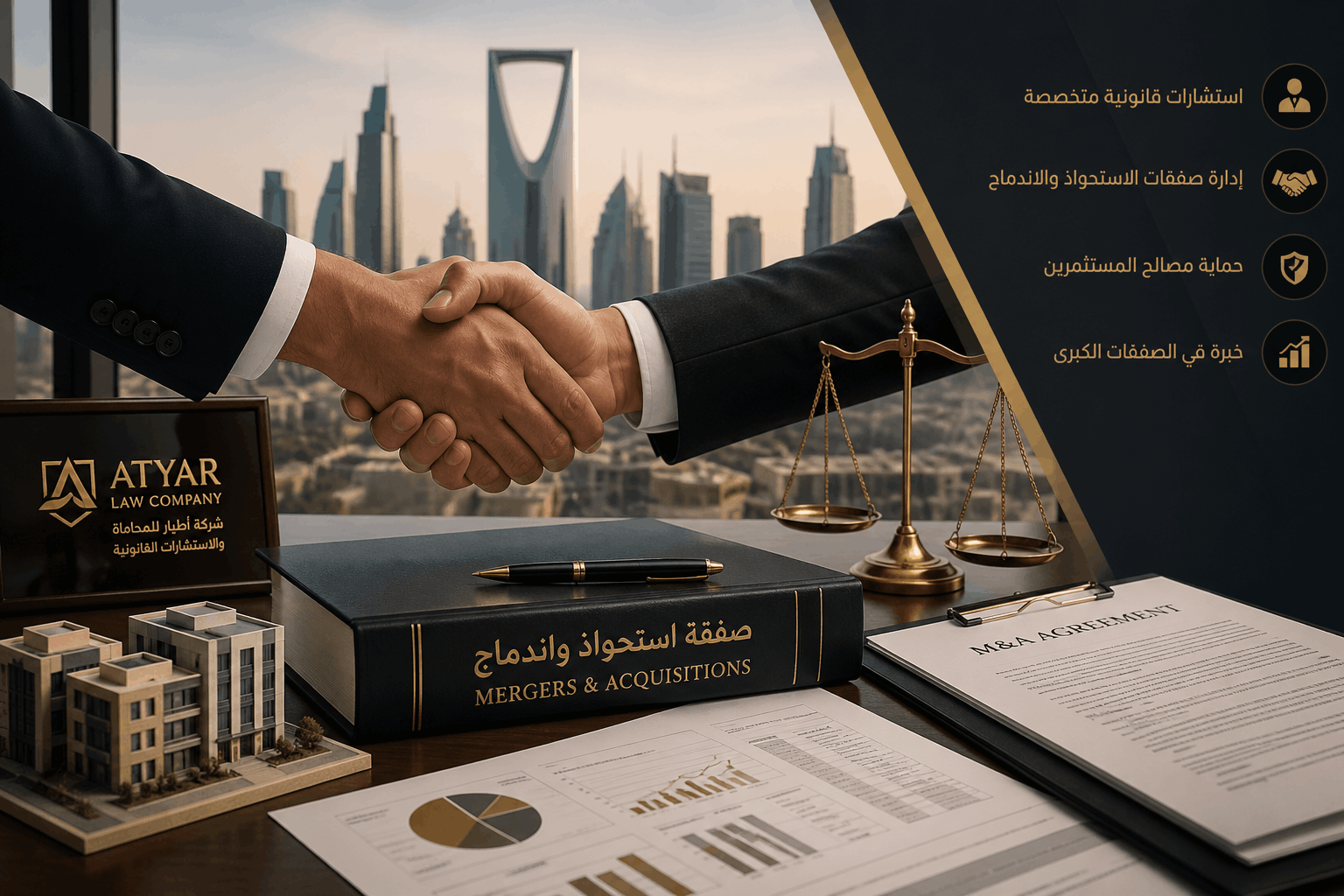خبرة شركة Atyar Law company في صفقات الاستحواذ والاندماج داخل المملكة، بما يشمل استحواذ شركة قابضة على شركة مقاولات بقيمة 100 مليون ريال سعودي.