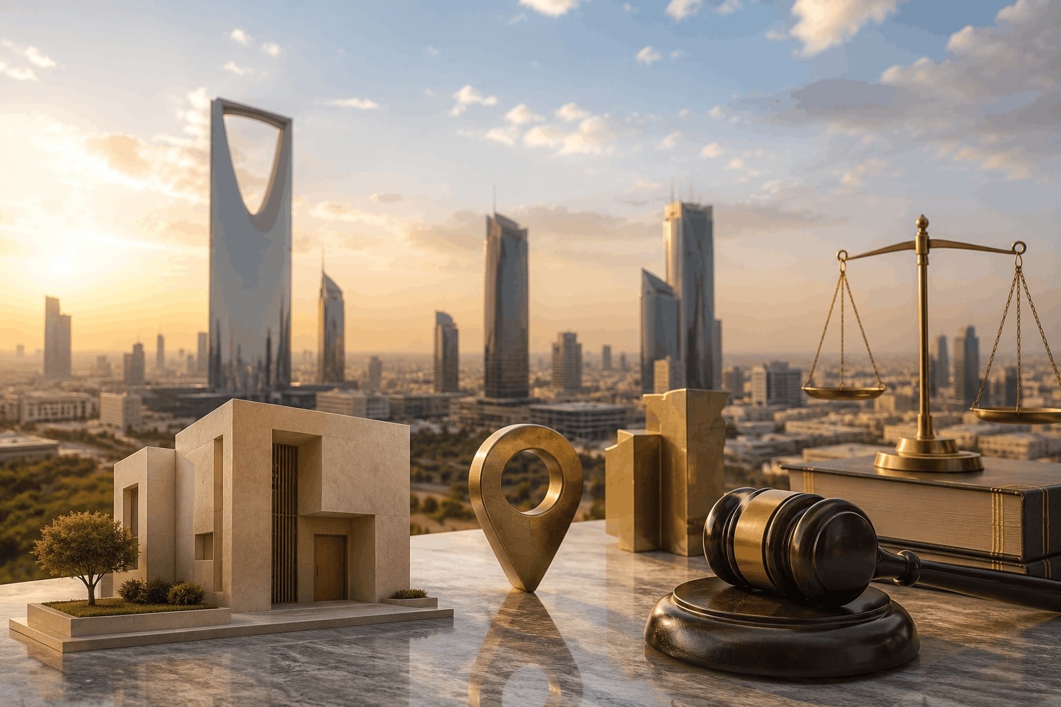 Property ownership and endowment status dispute in Riyadh featuring a modern property, scales of justice, a judge’s gavel, and the city skyline