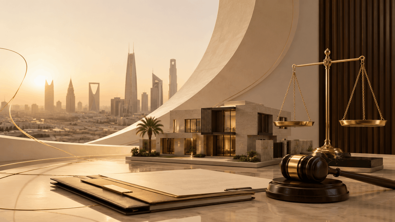 Property ownership dispute in Riyadh featuring a modern villa, scales of justice, a judge’s gavel, and legal documents