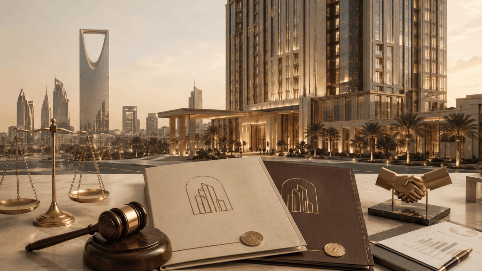 Proof of a partner’s ownership interest in a Riyadh hotel company, represented by partnership documents, a luxury hotel, scales of justice, and a judge’s gavel