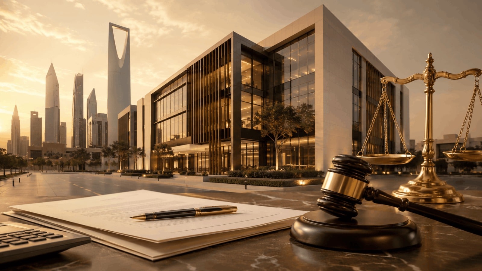 مطالبة بأجرة عقار تجاري في الرياض مع مبنى تجاري وعقد إيجار وميزان العدالة ومطرقة القضاء