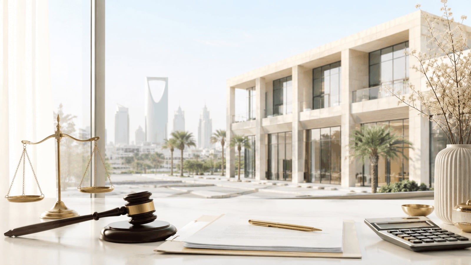 Property rent claim in Al-Naseem, Riyadh, featuring a modern property, lease documents, a calculator, scales of justice, and a judge’s gavel