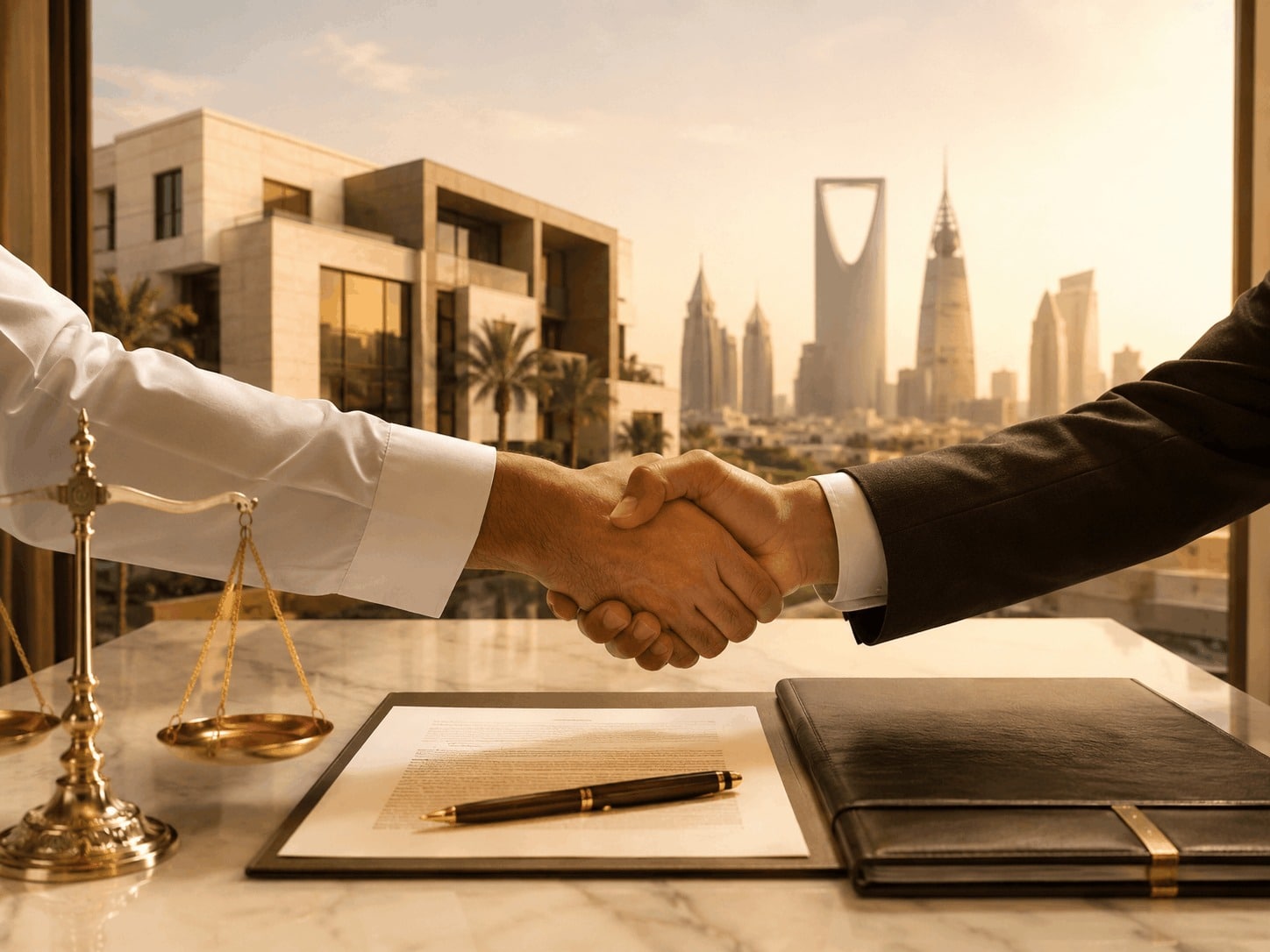 Mediation and amicable settlement of a property rent dispute in Riyadh, featuring a handshake, legal agreement, scales of justice, and the city skyline
