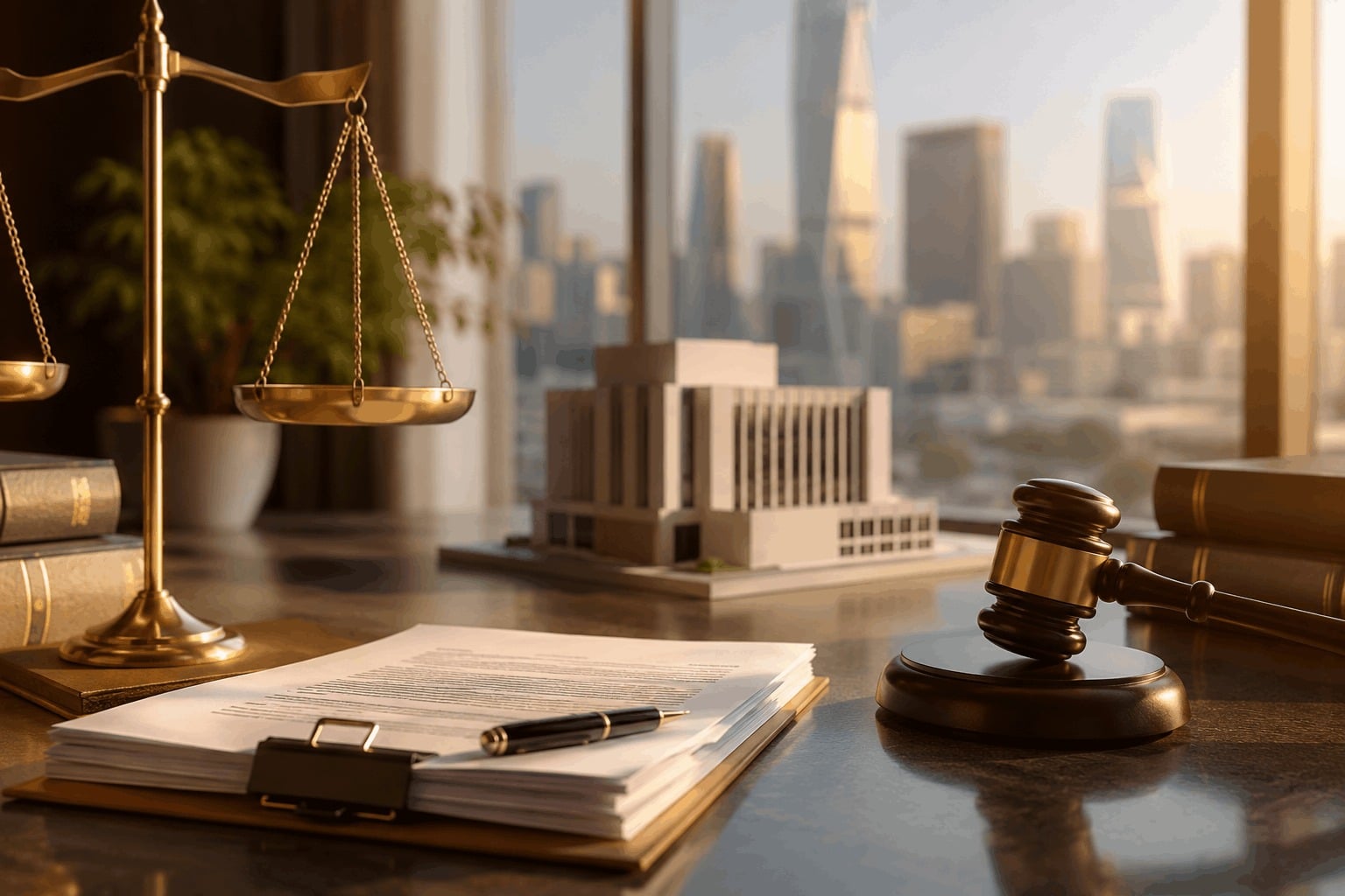 Legal representation in a dispute concerning non-entitlement to property rent, featuring a commercial building model, contractual documents, scales of justice, and a judge’s gavel