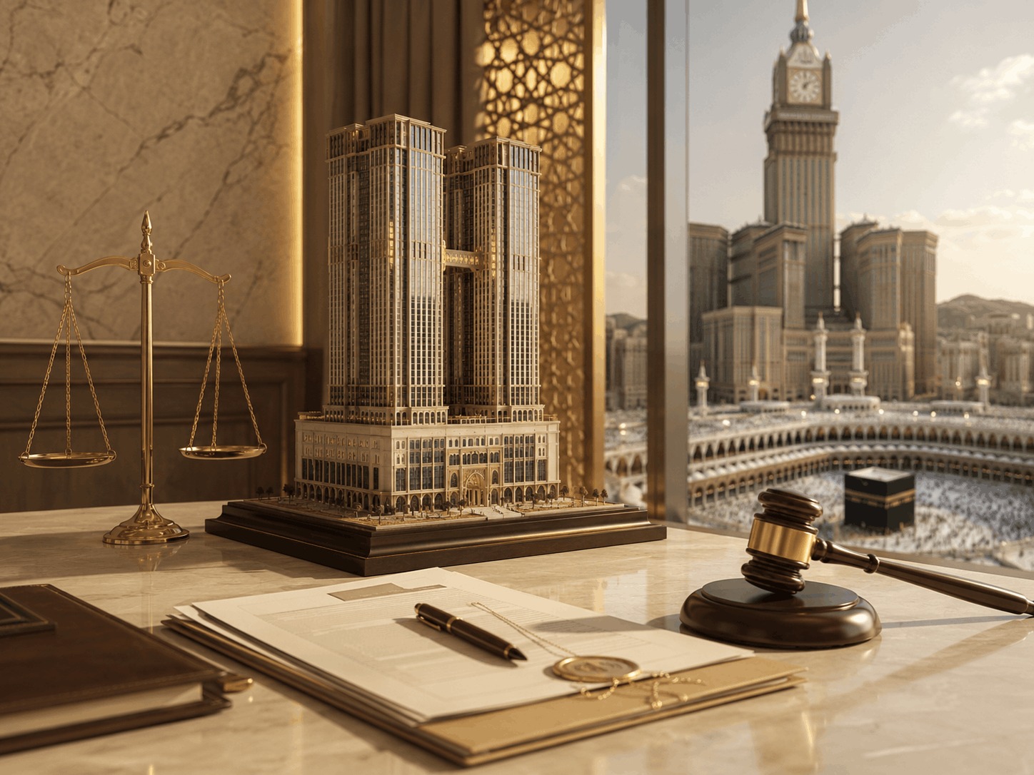 إثبات تملك وشراكة في أبراج فندقية بمكة المكرمة مع نموذج أبراج ومستندات قانونية وميزان العدالة ومطرقة القضاء