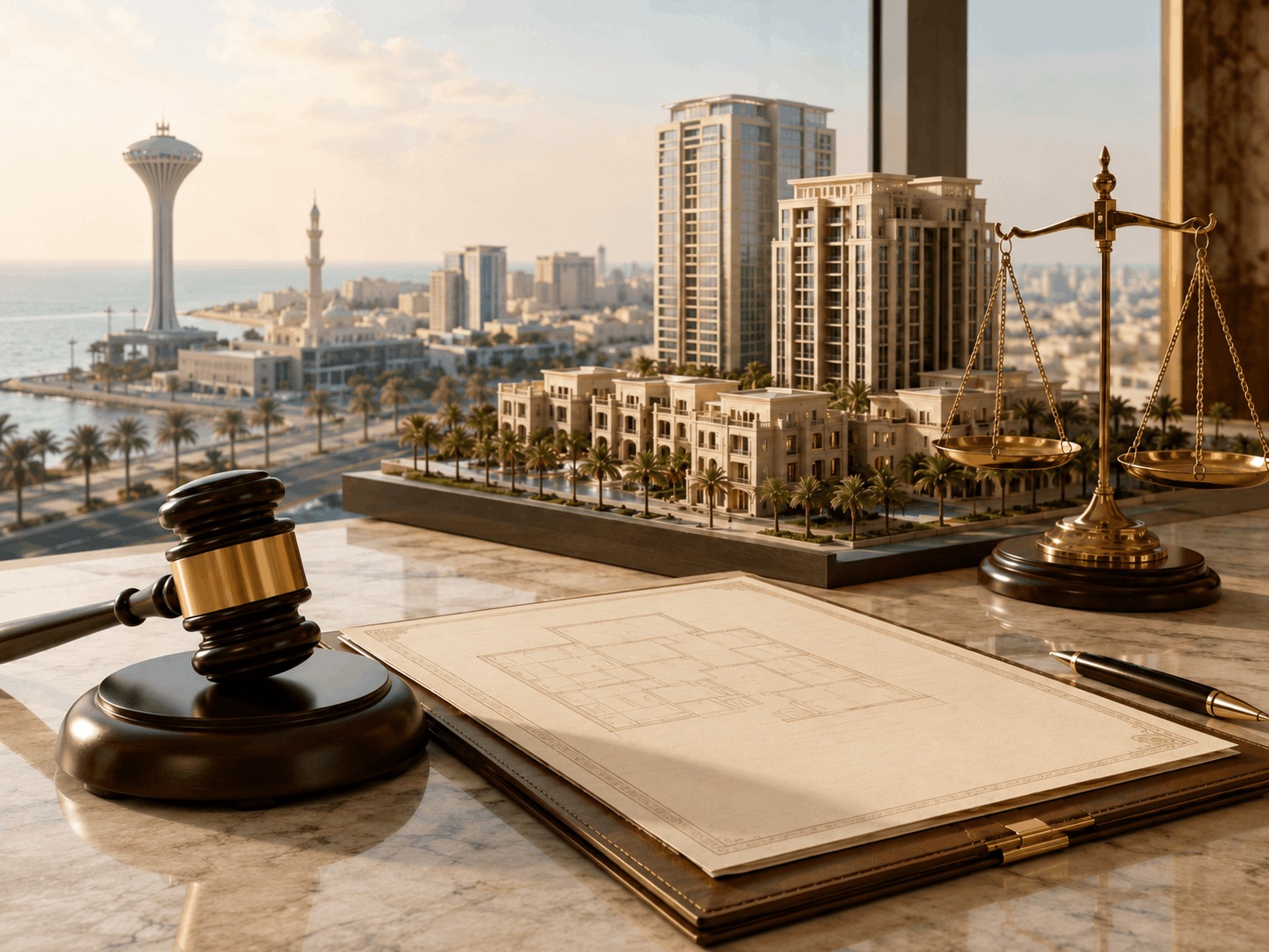 Proof of ownership of real estate assets valued at SAR 1 billion in Qatif, featuring residential and commercial properties, ownership plans, scales of justice, and a judge’s gavel