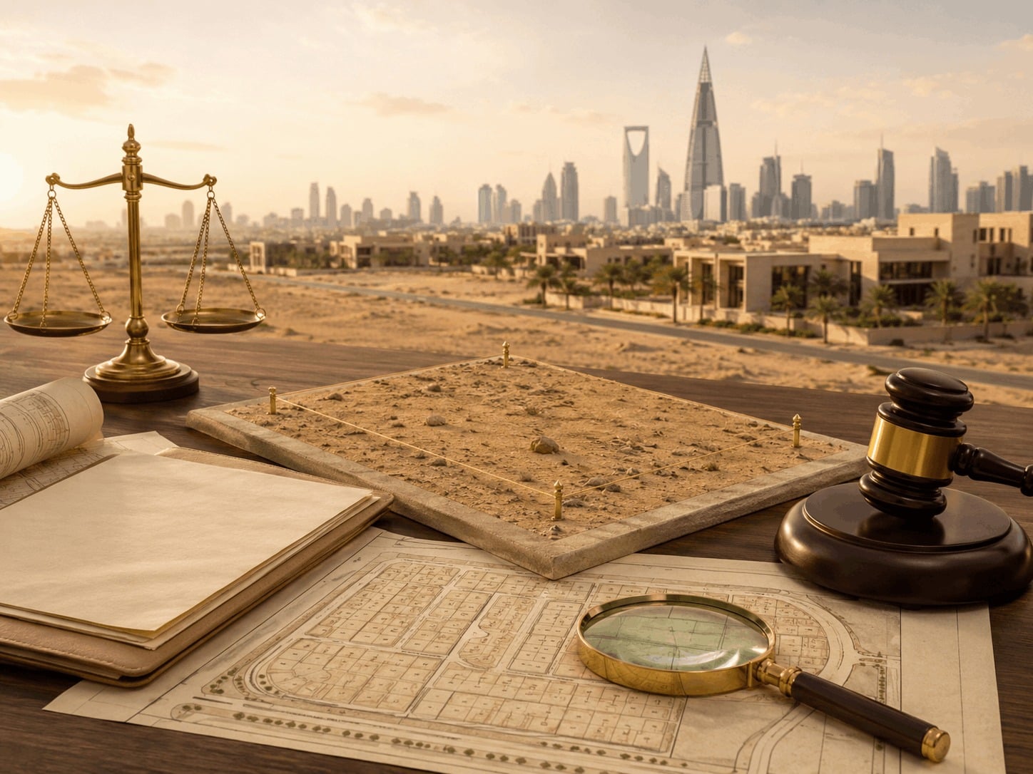Land sale unfairness dispute in Al-Amariyah, Riyadh, featuring a site plan, marked land plot, scales of justice, and a judge’s gavel