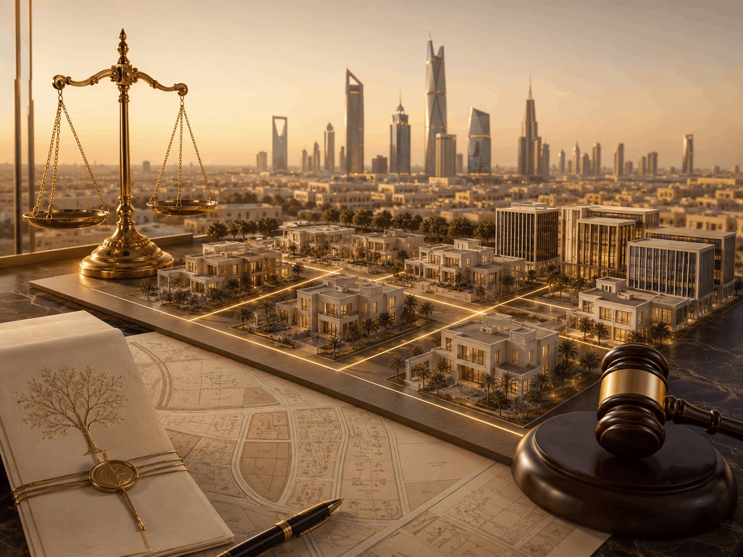 Division of inherited real estate assets across Riyadh and the Eastern Province, featuring villas, commercial buildings, a site plan, scales of justice, and a judge’s gavel