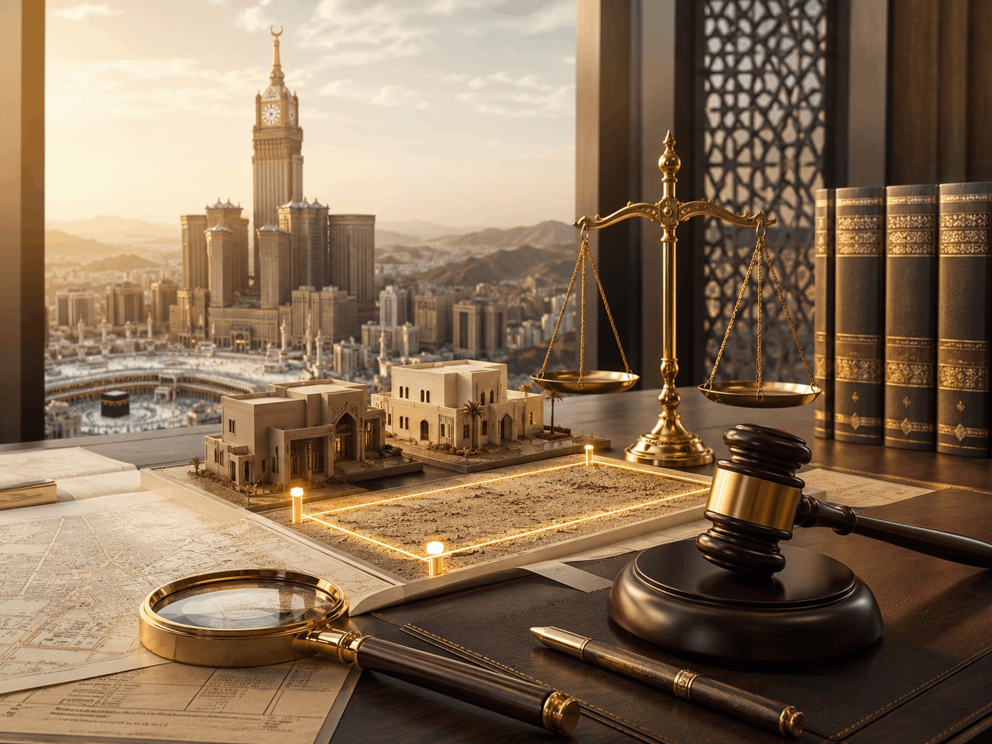 Compensation claim for encroachment on real estate assets in Makkah valued at SAR 200 million, featuring a marked land plot, property plans, scales of justice, and a judge’s gavel