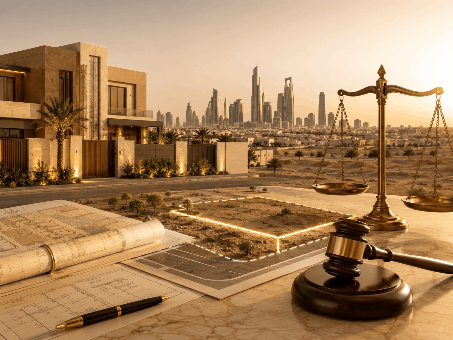 Compensation claim for encroachment on a property in North Riyadh, featuring a marked land plot, property plans, scales of justice, and a judge’s gavel