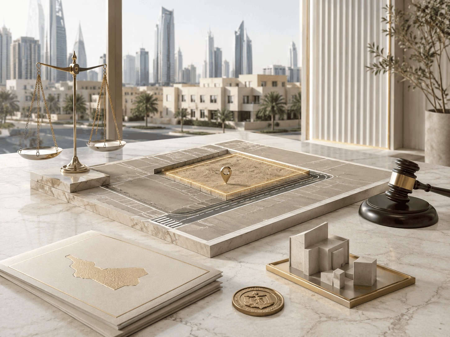 Property encroachment, ownership confiscation, and compensation dispute in Riyadh, featuring a marked land plot, property plans, scales of justice, and a judge’s gavel