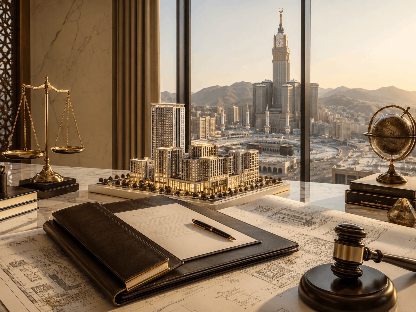 Real estate investment and development agreement in Makkah, featuring a modern property development model, architectural plans, contractual documents, scales of justice, and a judge’s gavel