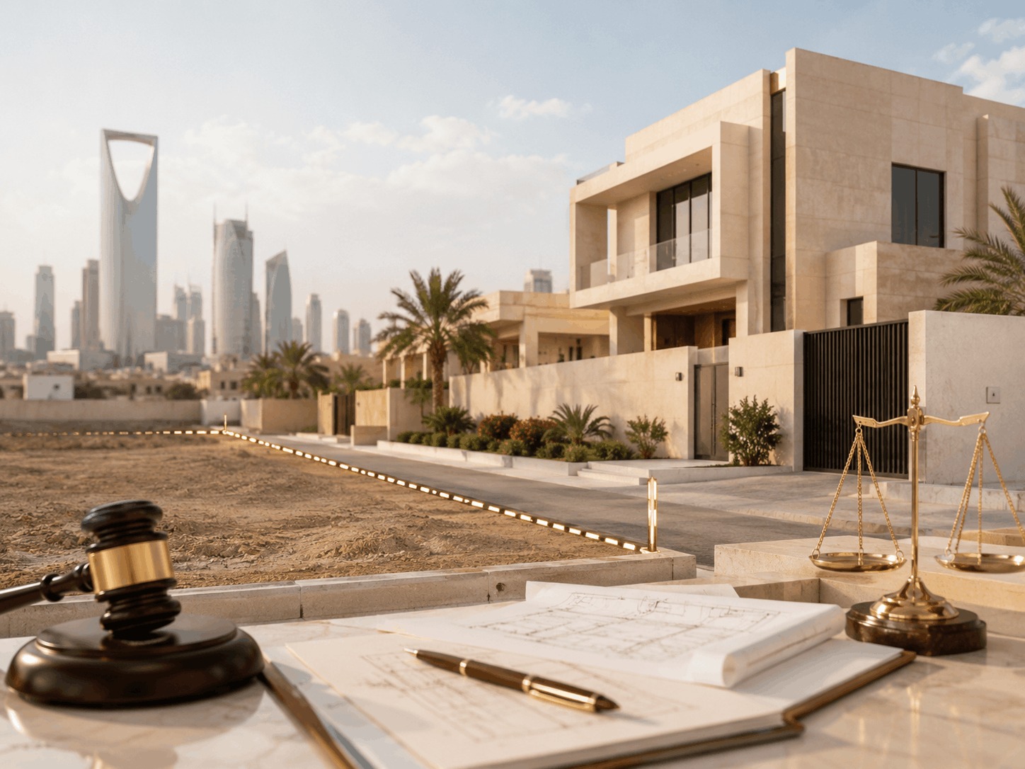 Compensation claim for encroachment on a property in North Riyadh, featuring a modern villa, a clearly marked adjacent land plot, property plans, scales of justice, and a judge’s gavel