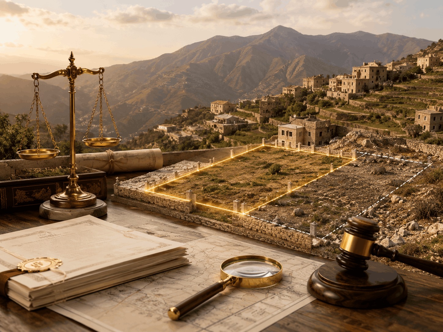 Compensation claim for encroachment on inherited property in Al Baha, featuring a marked mountainous land plot, inheritance documents, a property plan, scales of justice, and a judge’s gavel