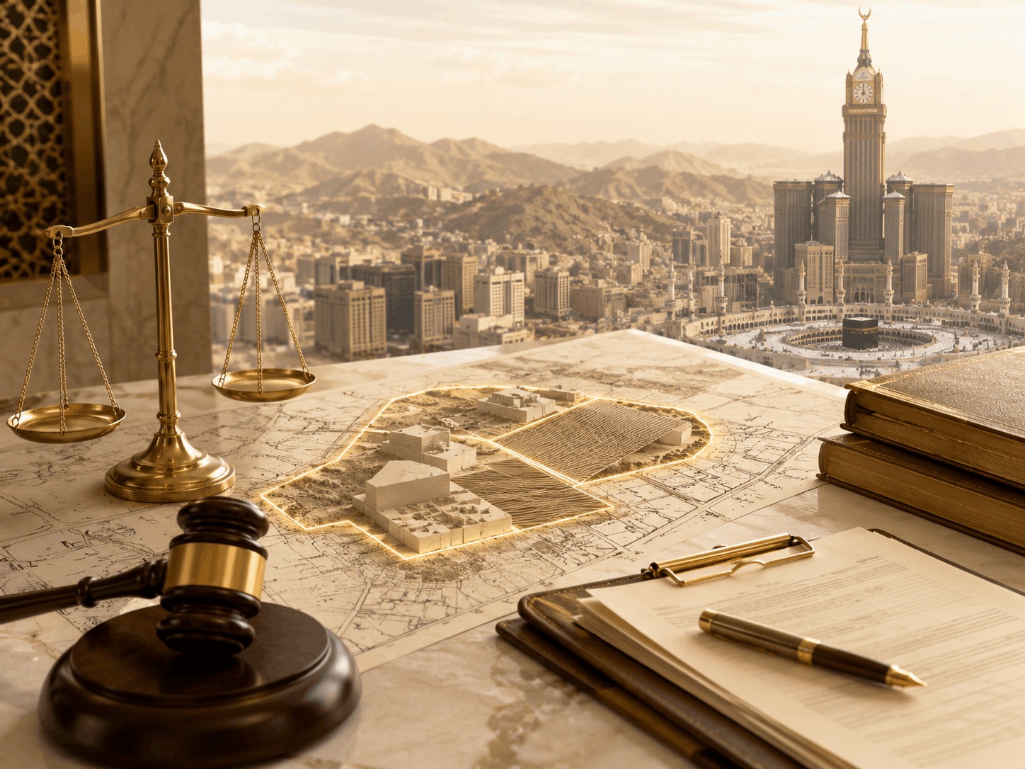 Compensation claim for encroachment on real estate in Makkah valued at SAR 200 million, featuring a property location map, marked land boundaries, scales of justice, and a judge’s gavel