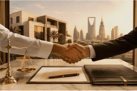 وساطة وصلح في نزاع أجرة عقار بالرياض مع مصافحة واتفاق قانوني وميزان العدالة