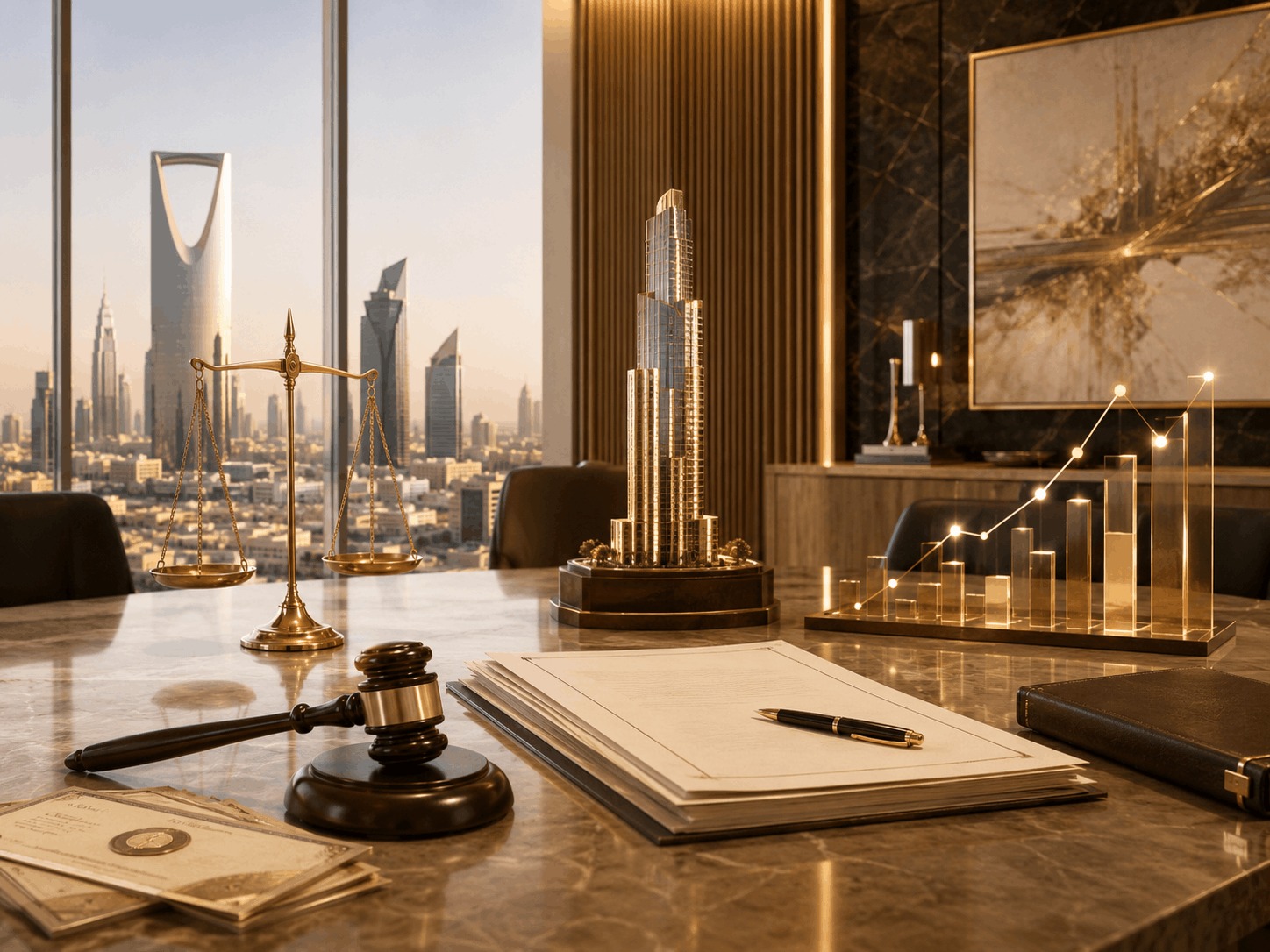 Investment agreement for the purchase of 130 million shares in Riyadh, featuring investment documents, a financial growth chart, scales of justice, and a judge’s gavel