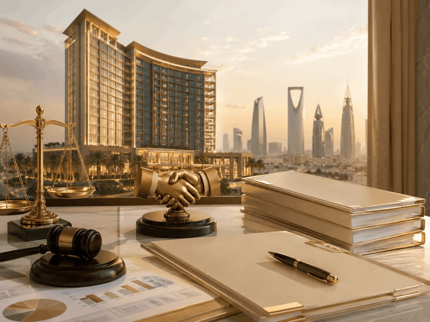 Commercial property rent claim in Riyadh featuring a modern office building, lease documents, scales of justice, and a judge’s gavel