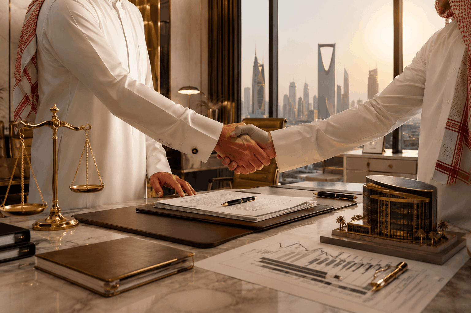 Transfer of a partner’s shares in a commercial company in Riyadh, featuring a share transfer agreement, a handshake between partners, financial reports, and scales of justice