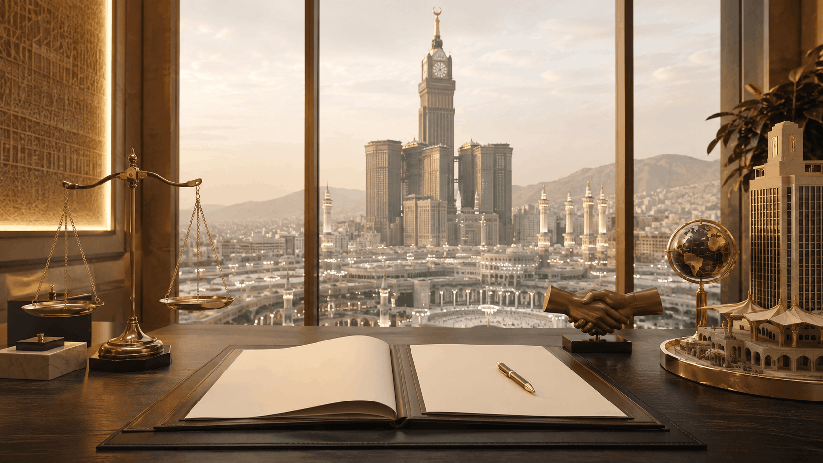 Investment and partnership agreement for a Hajj and Umrah services company in Makkah, featuring a legal contract, scales of justice, a model of the holy sites, and a handshake symbolising partnership