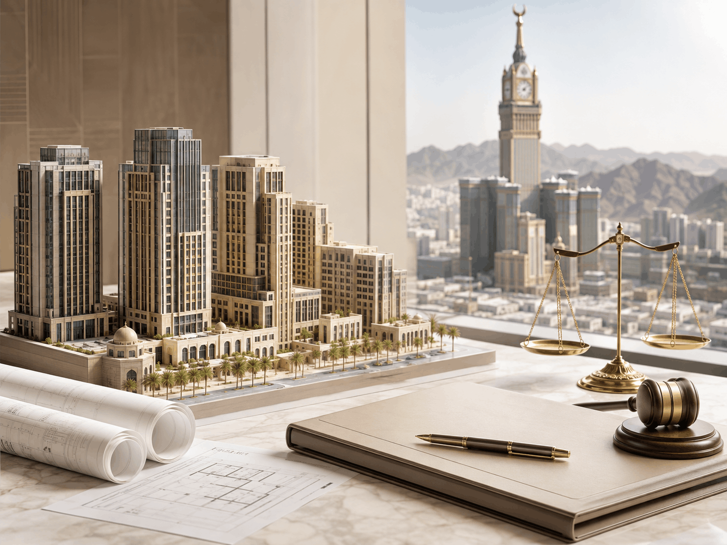 SAR 1 billion real estate investment and development agreement in Makkah, featuring a modern development model, architectural plans, contractual documents, scales of justice, and a judge’s gavel