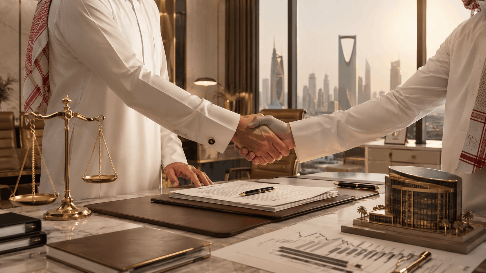 Transfer of a partner’s shares in a commercial company in Riyadh, featuring a share transfer agreement, a handshake between partners, financial reports, and scales of justice