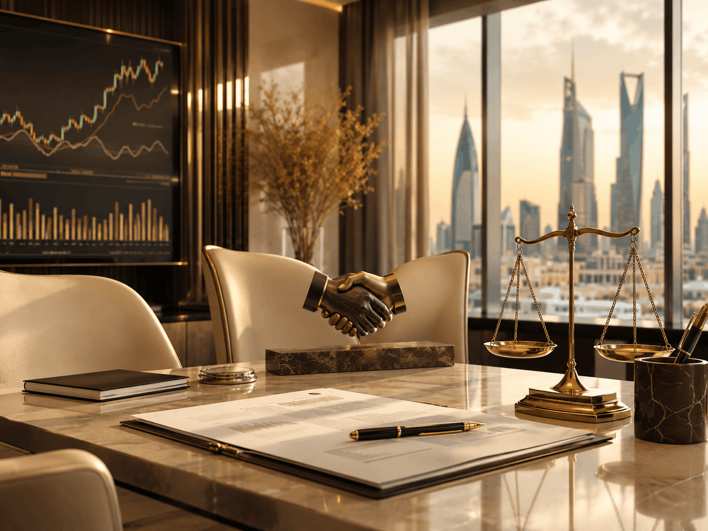 Settlement and partner exit in a share speculation company in Riyadh, featuring a handshake symbolising agreement, financial reports, and scales of justice