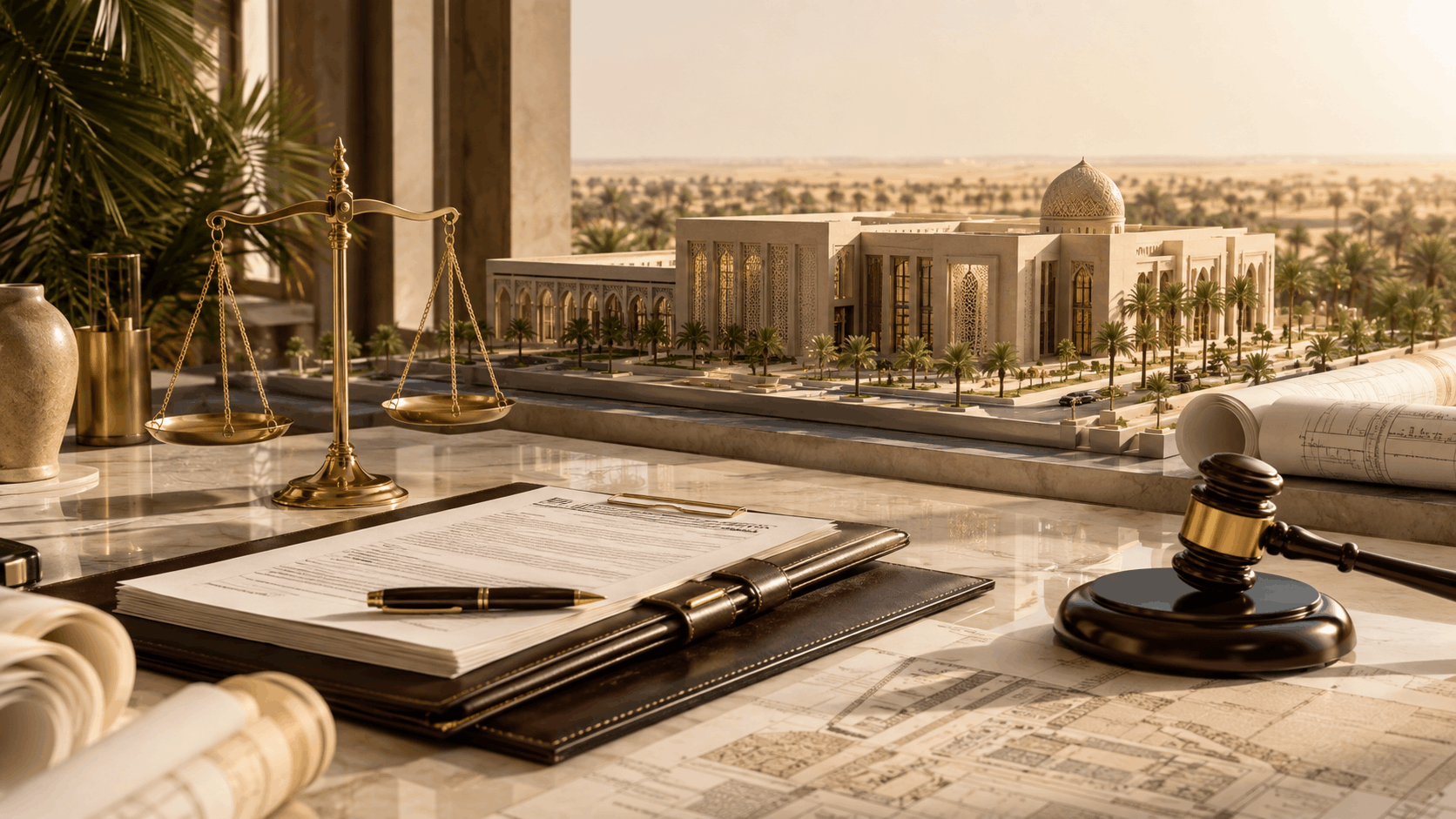 Operation and maintenance contracts for a government project in Al-Ahsa valued at over SAR 35 million, featuring contractual documents, engineering plans, scales of justice, and a judge’s gavel