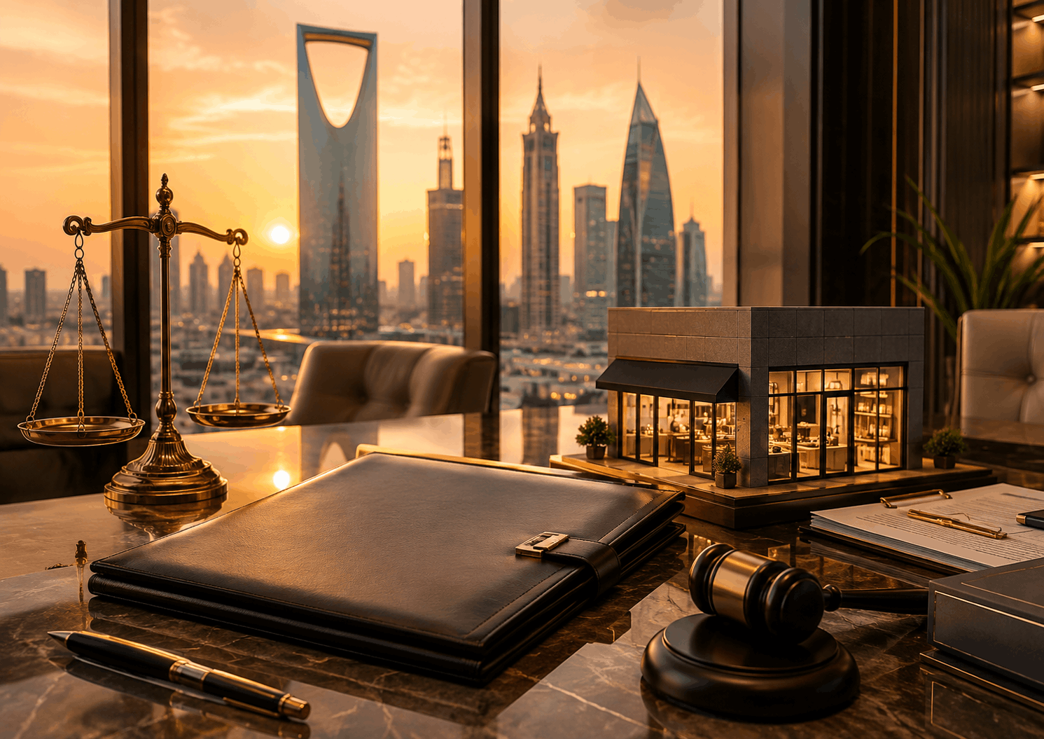 Commercial franchise dispute before an arbitration tribunal in Riyadh valued at over SAR 4 million, featuring a commercial outlet model, legal agreement, scales of justice, arbitration gavel, and financial symbols