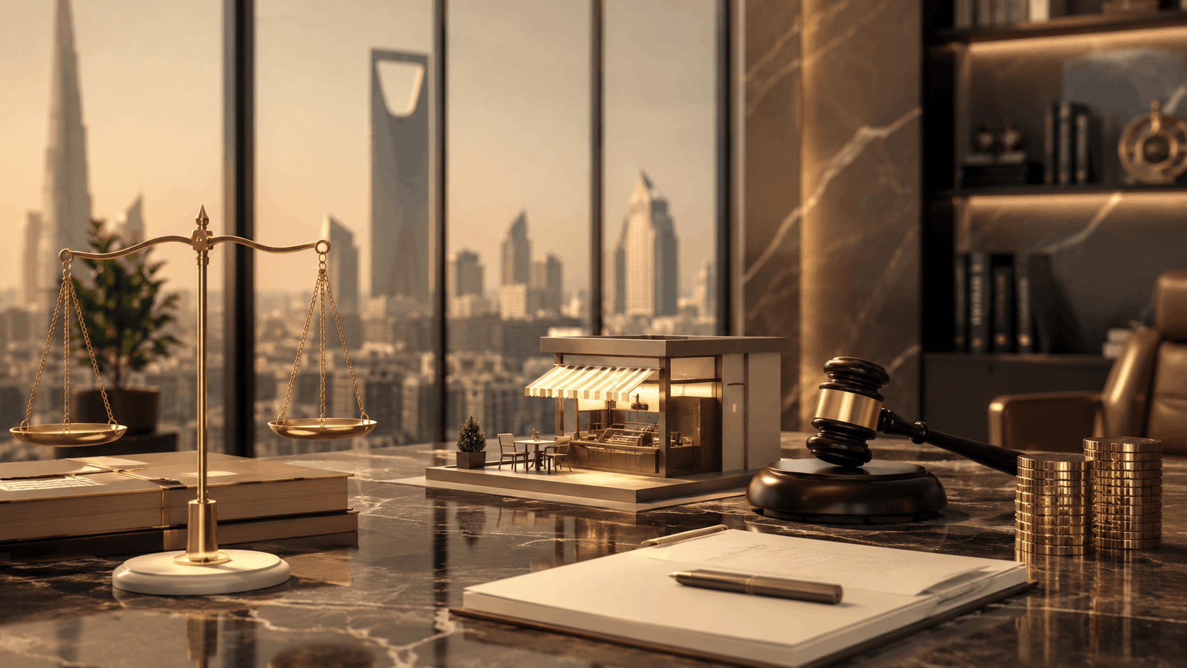 نزاع امتياز تجاري أمام هيئة تحكيم في الرياض بقيمة تتجاوز 4 ملايين ريال، مع نموذج منشأة تجارية وعقد قانوني وميزان العدالة ومطرقة التحكيم