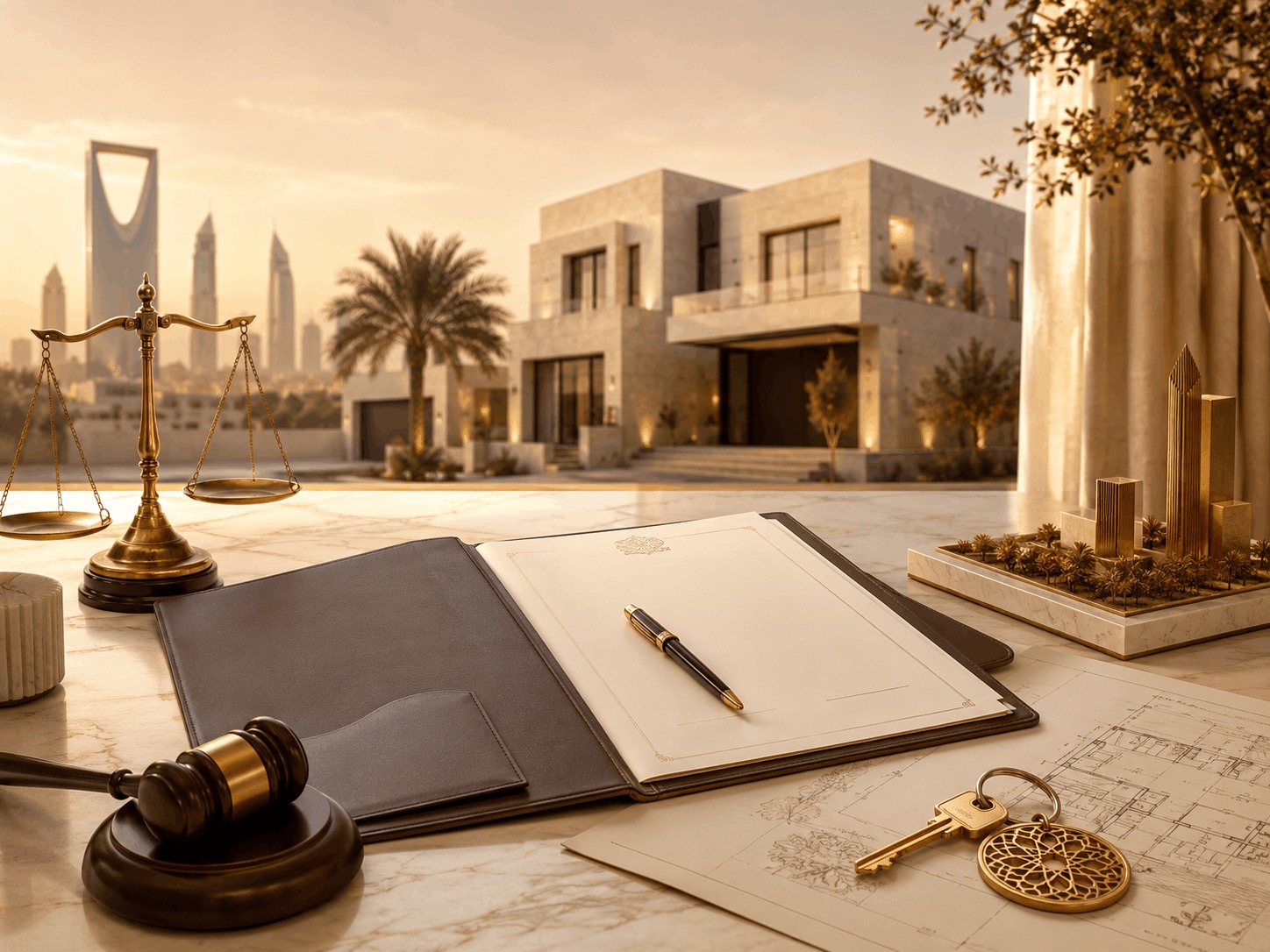 Drafting a lease agreement with a promise of ownership in North Riyadh, featuring a modern villa, legal contract, property key, architectural plans, scales of justice, and a judge’s gavel