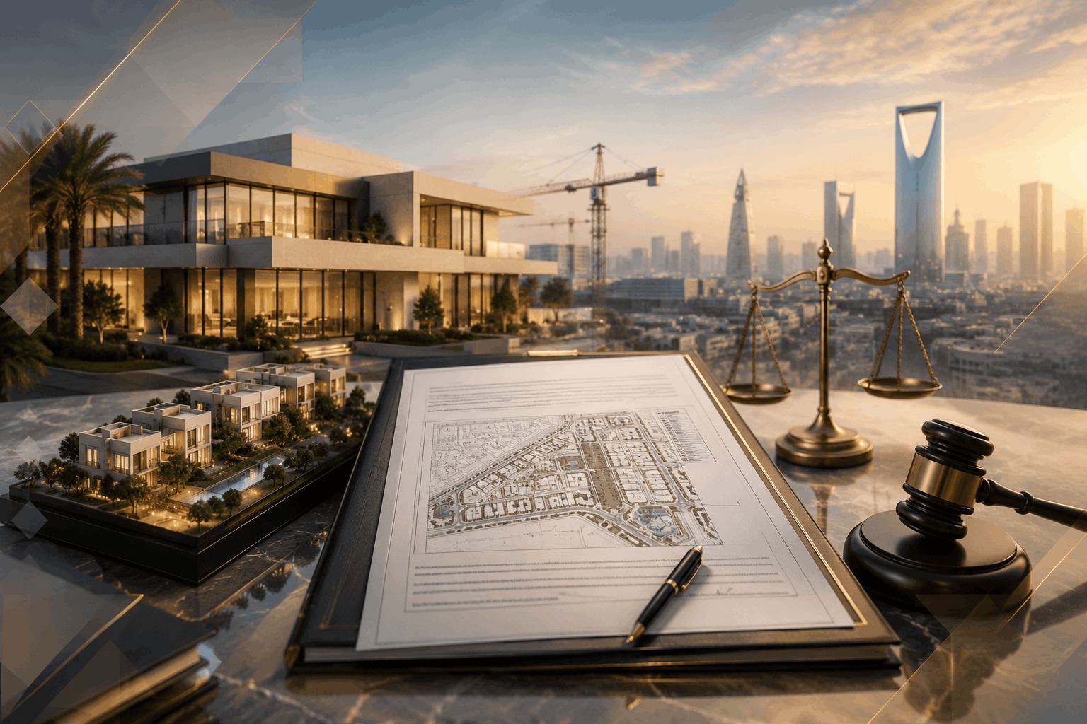 Real estate investment and development agreement north of Takhassusi Road in Riyadh, featuring a modern residential project model, architectural plans, contractual documents, scales of justice, and a judge’s gavel