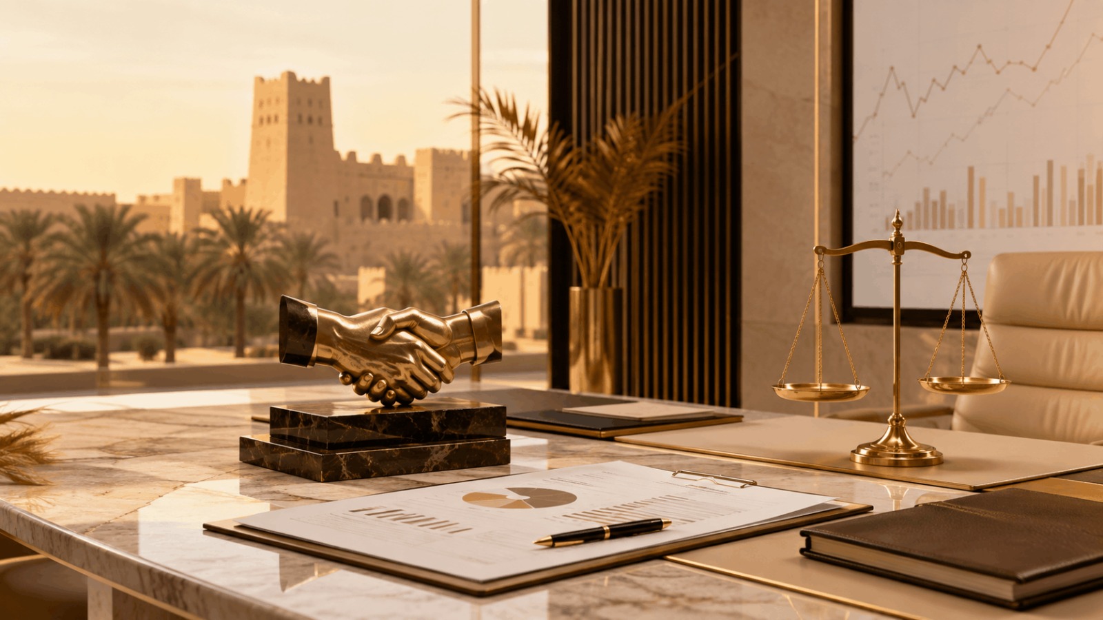Settlement and exit from a SAR 12 million share investment in Al-Ahsa, featuring a handshake symbolising agreement, financial reports, contractual documents, and scales of justice