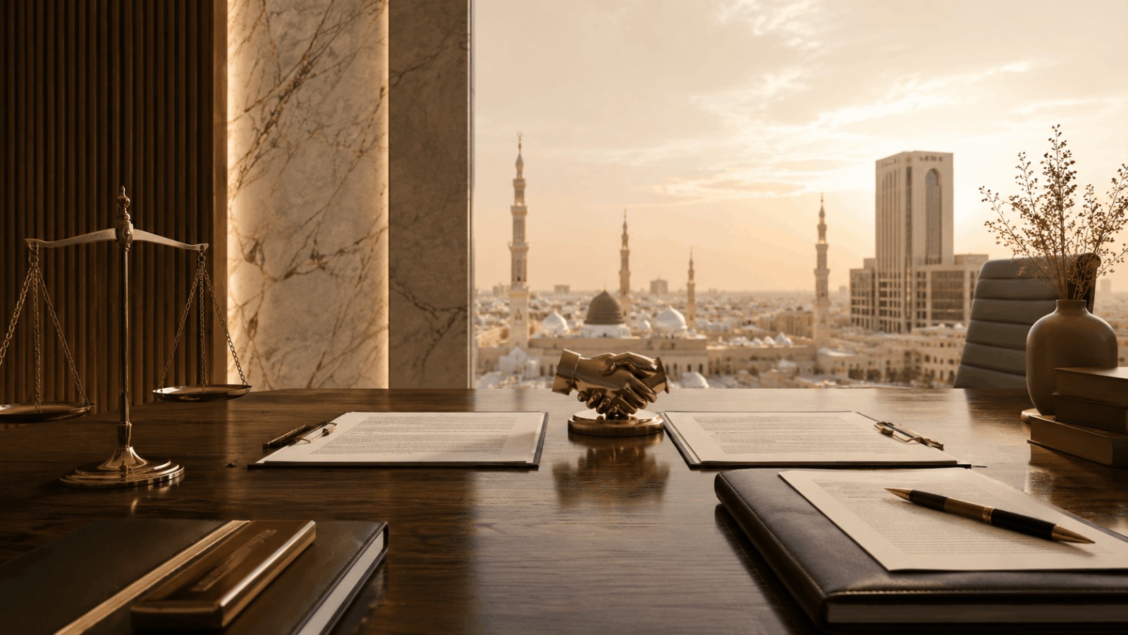 Exit of a partner from a commercial company in Madinah valued at over SAR 70 million, featuring an exit agreement, a handshake symbolising settlement, and scales of justice