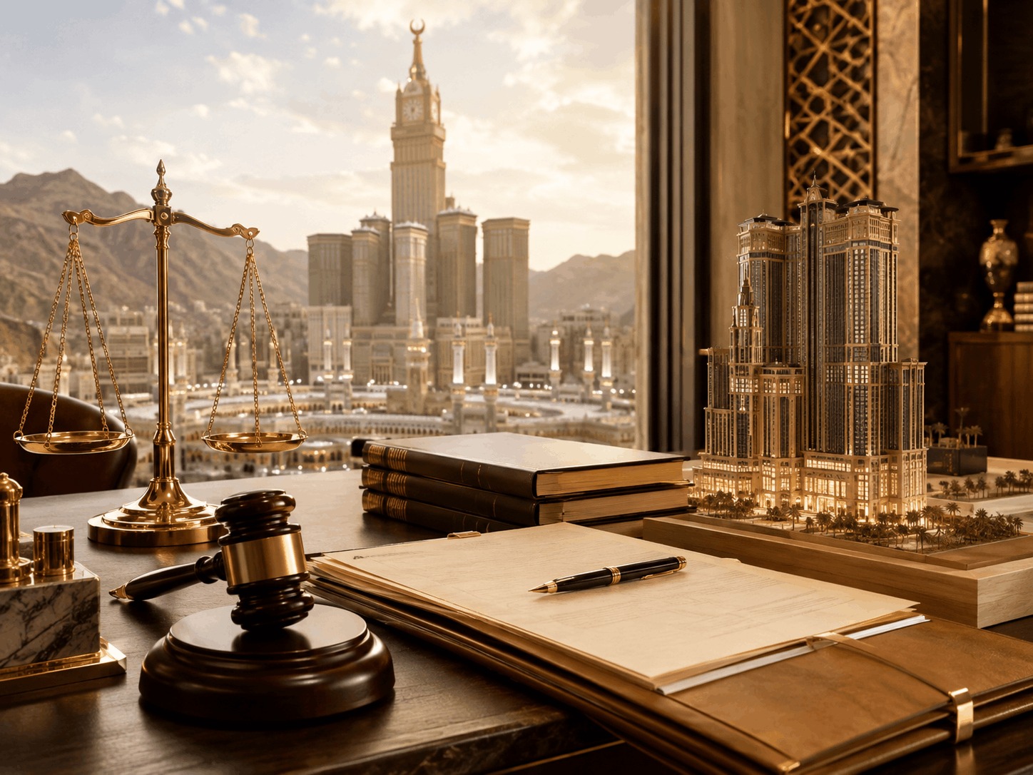 نقض حكم في نزاع استثماري متعلق بفنادق وأبراج في مكة المكرمة، مع مستندات قضائية ونموذج أبراج فندقية وميزان العدالة ومطرقة القضاء