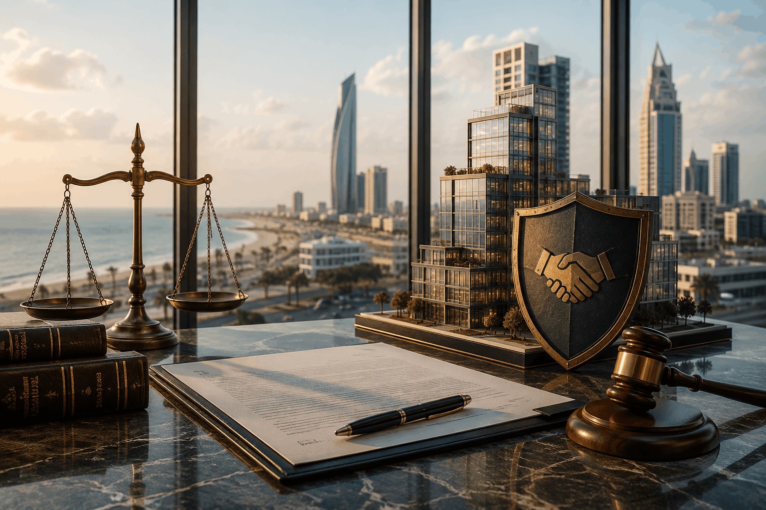 Asset protection in a partnership and commercial franchise dispute, featuring a business development model, legal agreement, protective shield, scales of justice, and a judge’s gavel