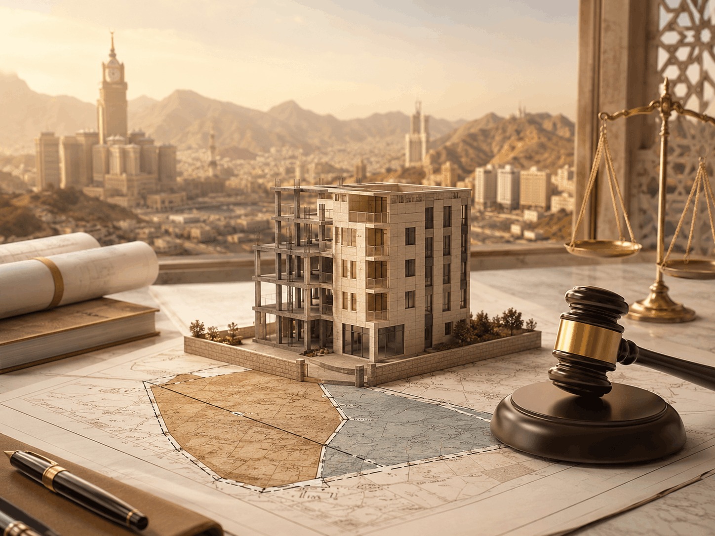 تعويض عن تداخل عقاري والبناء على ملك الغير في مكة المكرمة، مع مخطط حدود عقارية ونموذج مبنى وميزان العدالة ومطرقة القضاء