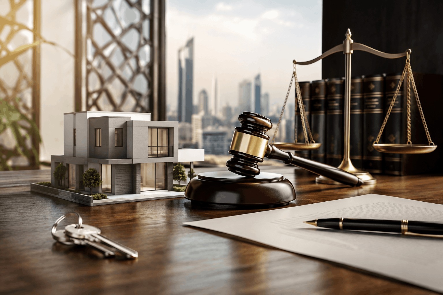 إخلاء عقار والمطالبة بالتعويض بعد انتهاء عقد الإيجار، مع نموذج عقار ومفاتيح ومستندات قانونية وميزان العدالة ومطرقة القضاء