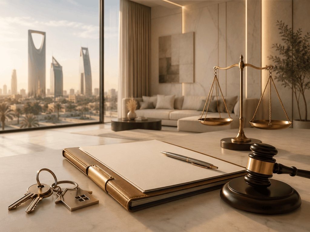 Lease dispute in Al-Naseem, Riyadh involving property eviction and a compensation claim after the expiry of the lease, featuring property keys, legal documents, scales of justice, and a judge’s gavel