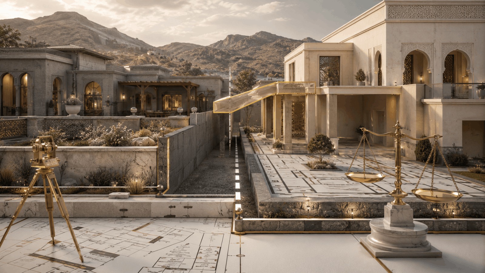 Property encroachment dispute in Taif involving real estate valued at over SAR 3 million, featuring defined property boundaries, survey plans, engineering equipment, and scales of justice