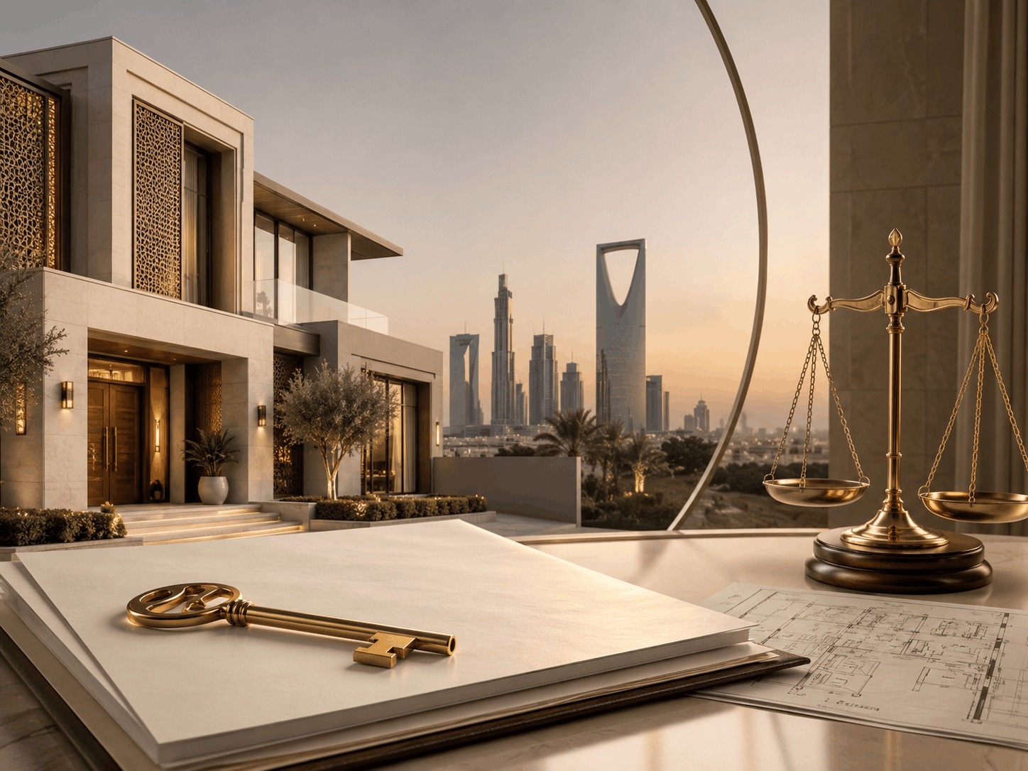 Lease-to-own agreement for a residential property in Riyadh, featuring a modern villa, ownership key, real estate plans, and scales of justice