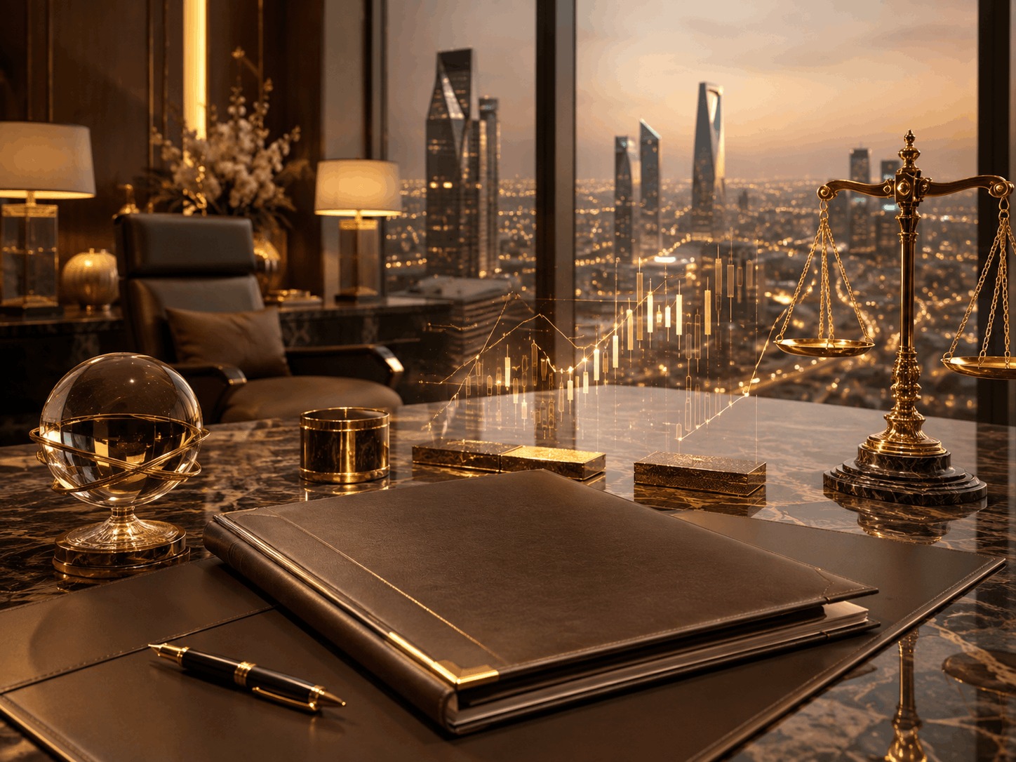 Investment agreement for the purchase of shares valued at SAR 130 million, featuring financial market charts, investment documents, and scales of justice in a Riyadh business setting