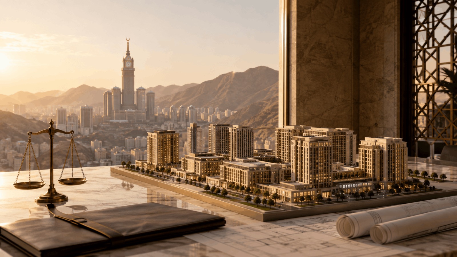 Legal and investment-themed image showing a large-scale real estate development project in Makkah with architectural models, engineering plans, and scales of justice.