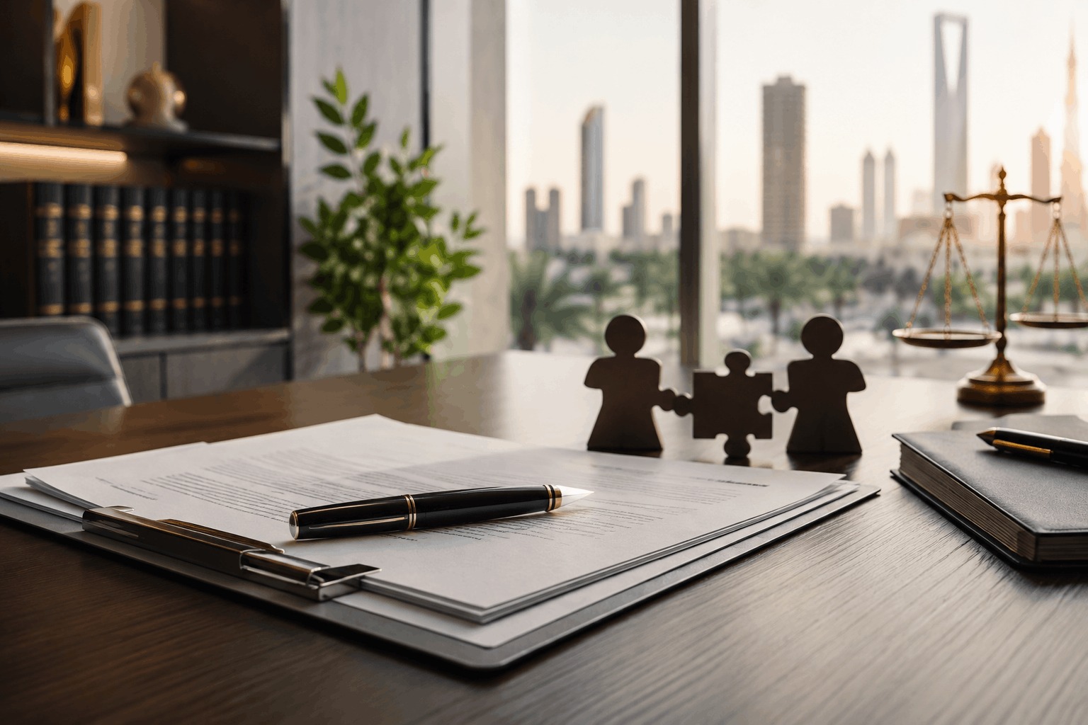 Partner transfer of company shares in Riyadh involving a business valued at over SAR 70 million, featuring partnership documents, ownership transfer elements, and scales of justice