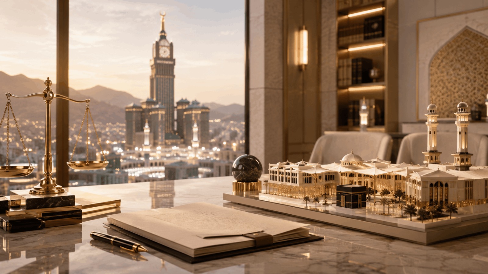 Legal and investment partnership related to Hajj and Umrah services in Makkah, involving assets exceeding SAR 10 million, with legal documents, partnership arrangements, and scales of justice