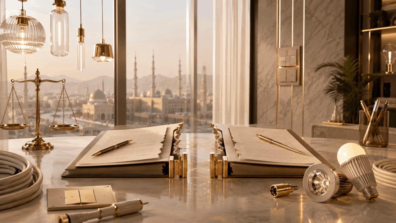 Exit from an investment and commercial partnership in Madinah involving business activities and claims exceeding SAR 70 million, featuring legal documents, partnership separation elements, and electrical and lighting equipment.