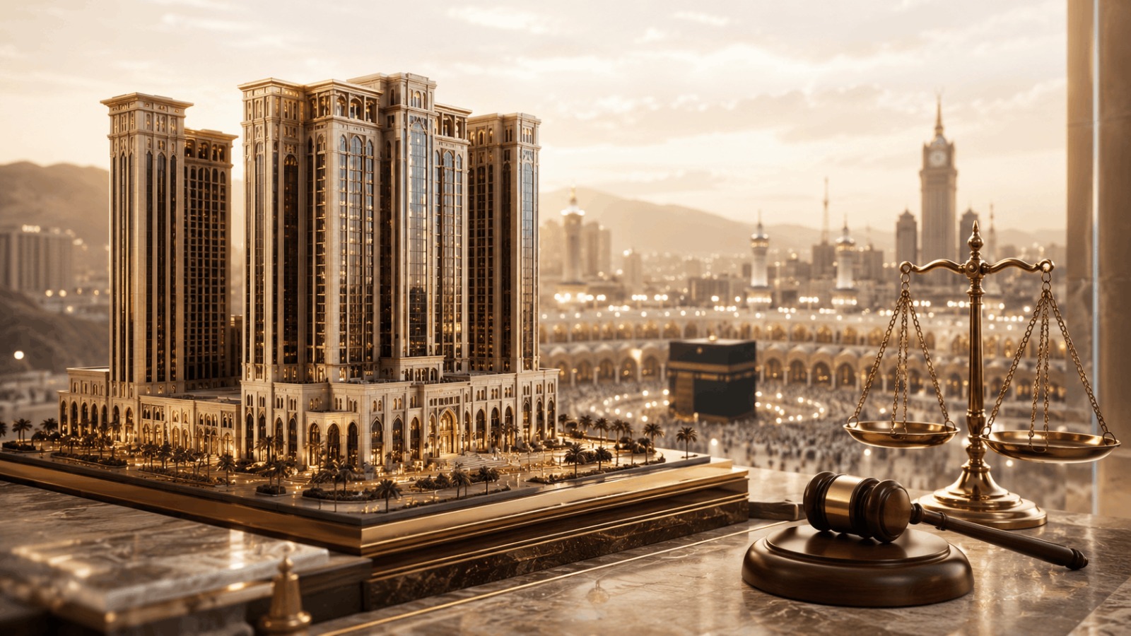 Investment and partnership dispute involving hotels and real estate towers in Makkah with investments exceeding SAR 300 million, featuring justice symbols and the Makkah urban skyline.
