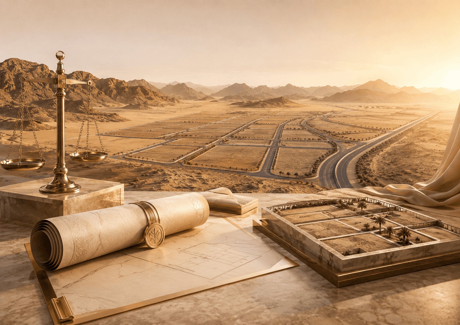 Real estate investment in Mishlah Center, Al-Summan, structured as a lease with a promise of ownership and valued at over SAR 50 million, featuring land plots, property plans, and scales of justice.