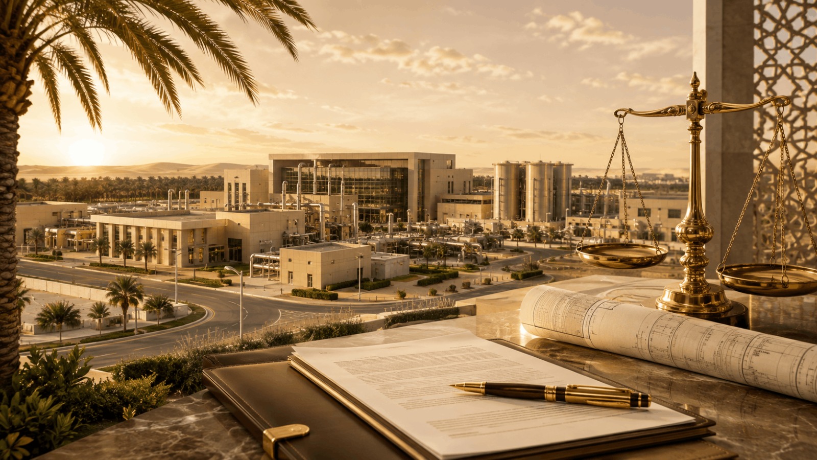 Investment operation and maintenance project in Al-Ahsa valued at over SAR 35 million, featuring modern operational facilities, contractual documents, and scales of justice.