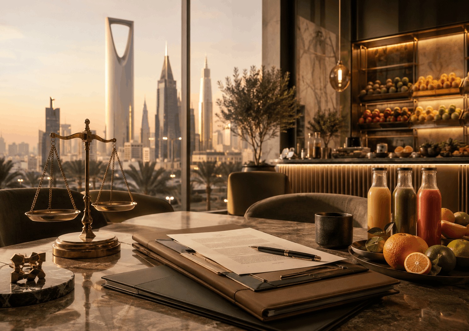 Luxury legal and commercial scene representing a partnership, Mudarabah, and franchise dispute involving a juice and fruit business in Riyadh, with contractual documents and scales of justice.
